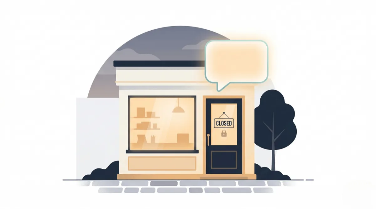 Small business storefront at night with AI chat bubble — representing after-hours customer service