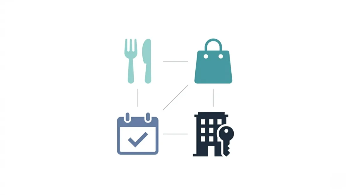 Four industry icons in grid layout — restaurant, retail, appointments, real estate — AI customer service comparison