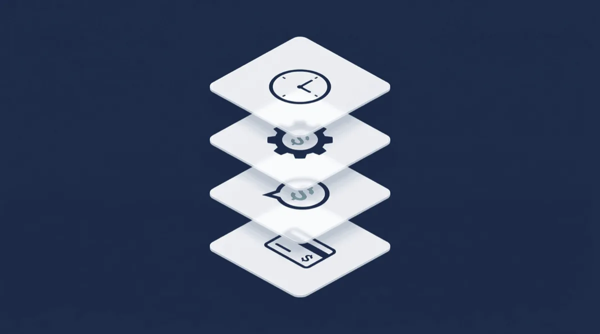 Four transparent cost layers stacked vertically — platform fees, message fees, AI charges, and time investment
