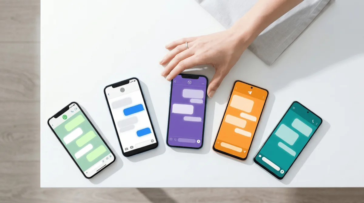 Five smartphones showing different messaging apps on a clean desk — choosing the right channel