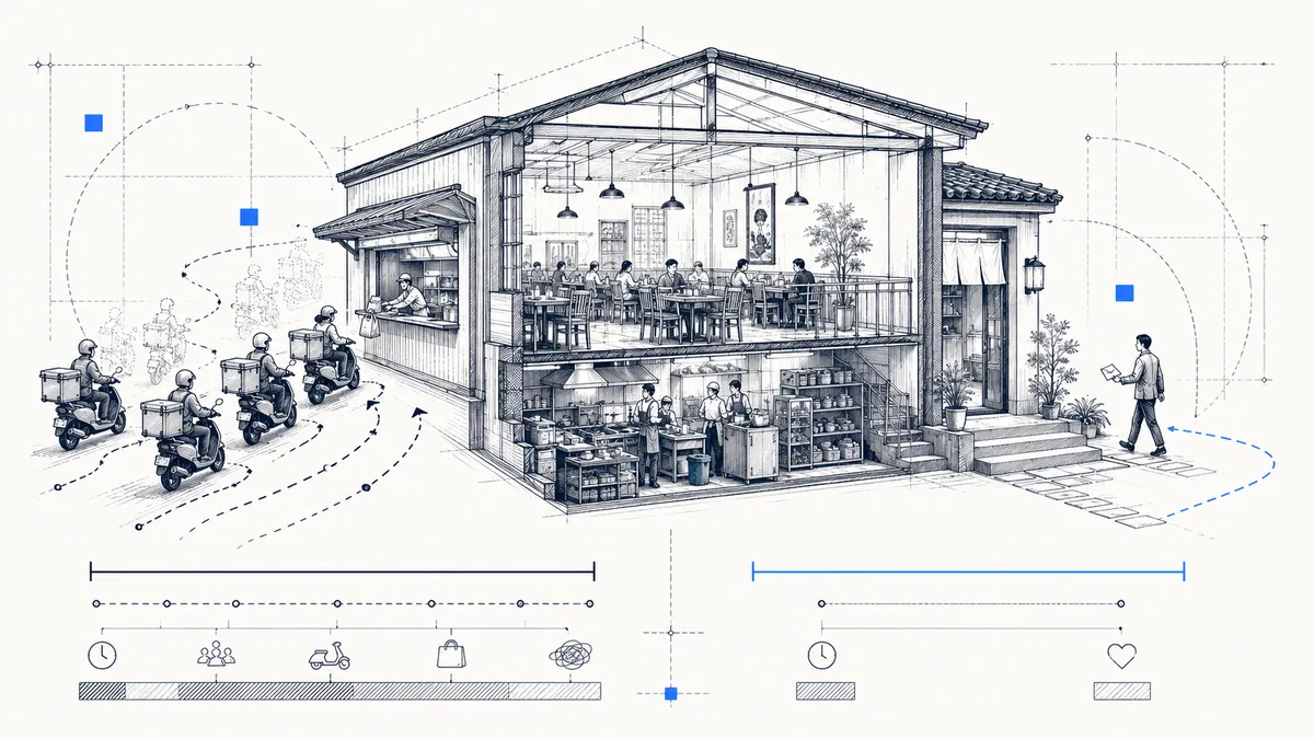 餐廳廚房出單機同時列印外送平台訂單,櫃檯手機顯示訂位與客製化詢問,象徵平台單與直客單的客服分工
