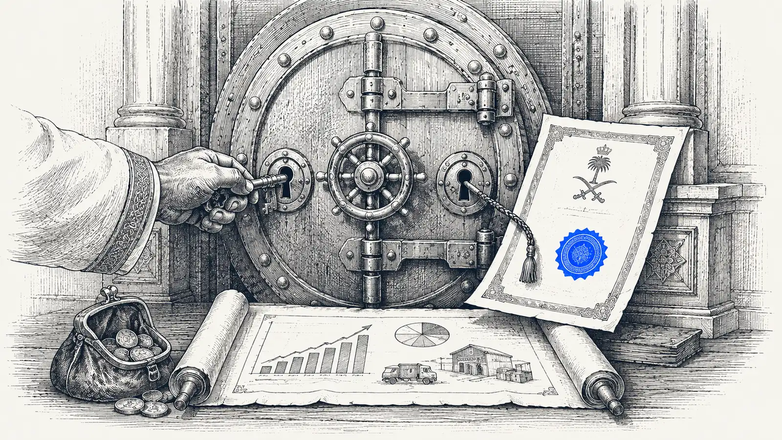 صاحب منشأة صغيرة سعودي يراجع خطة تمويل التحول الرقمي مع مستند ضمان بنكي