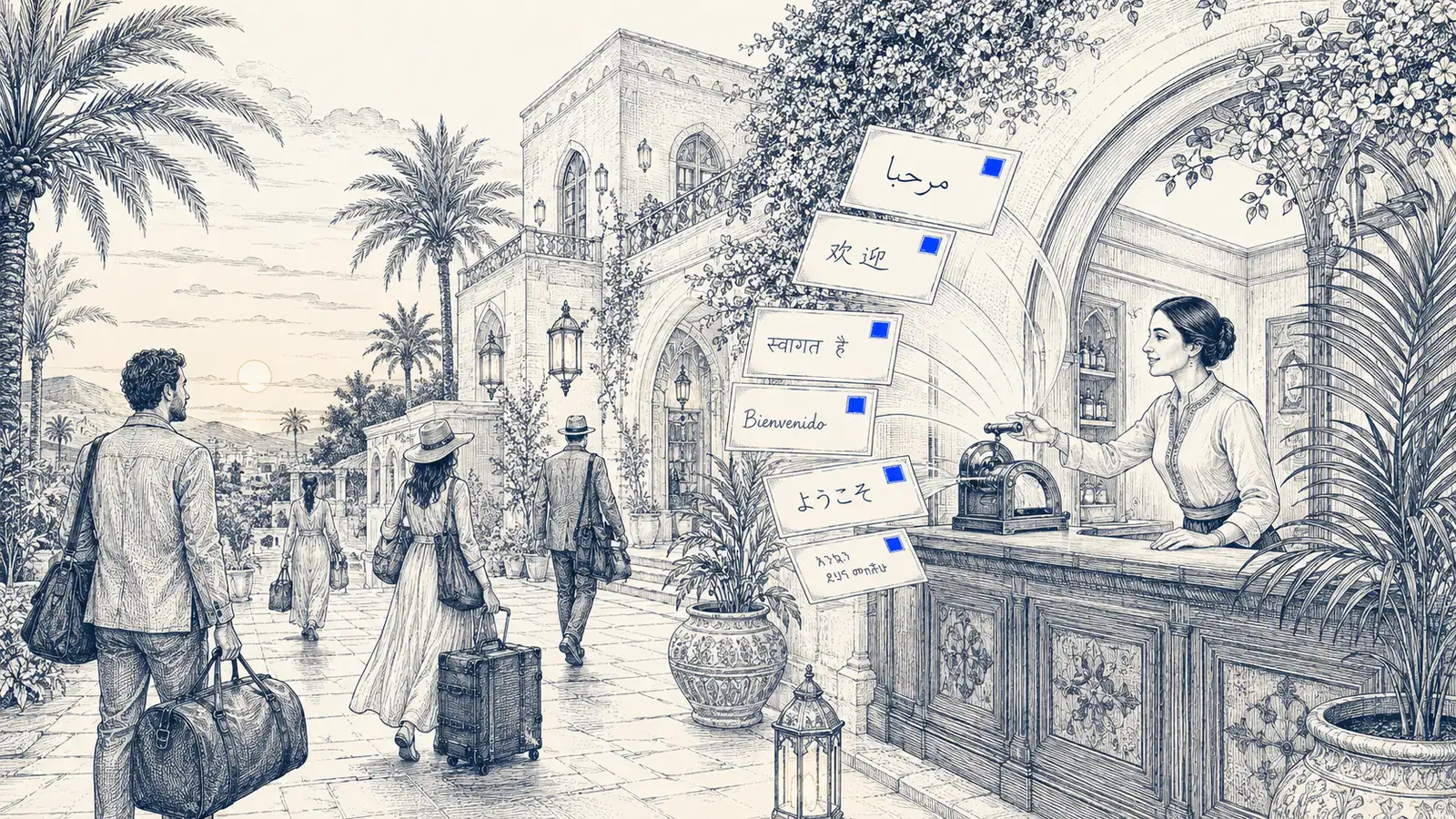 هاتف يعرض رسائل ضيوف بلغات متعددة أمام أفق مكة المكرمة — استفسارات المعتمرين للفنادق والشقق المفروشة