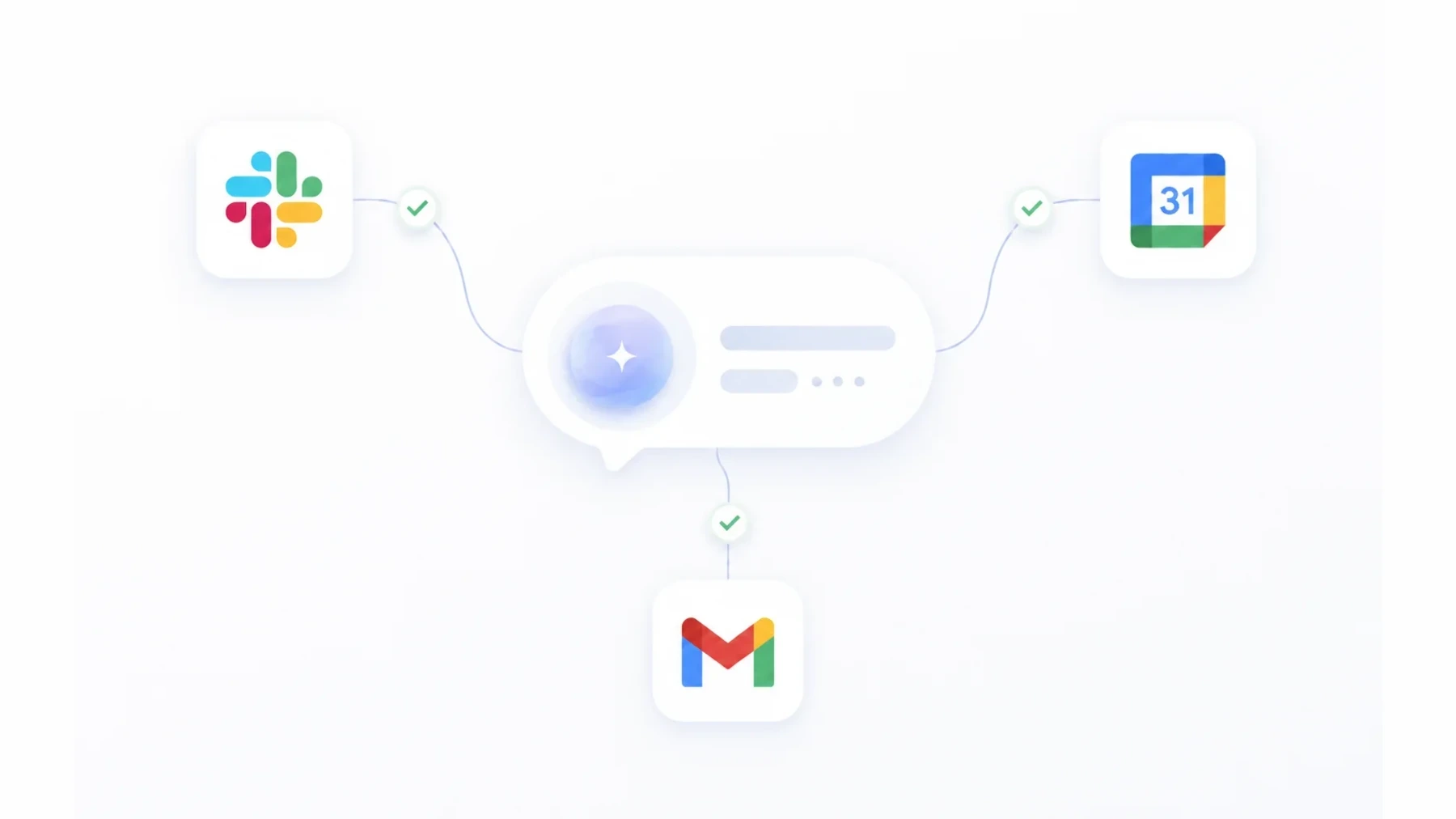 일러스트: Omago AI 어시스턴트 채팅 버블이 Slack, Google Calendar, Gmail 아이콘과 녹색 체크마크로 연결된 모습