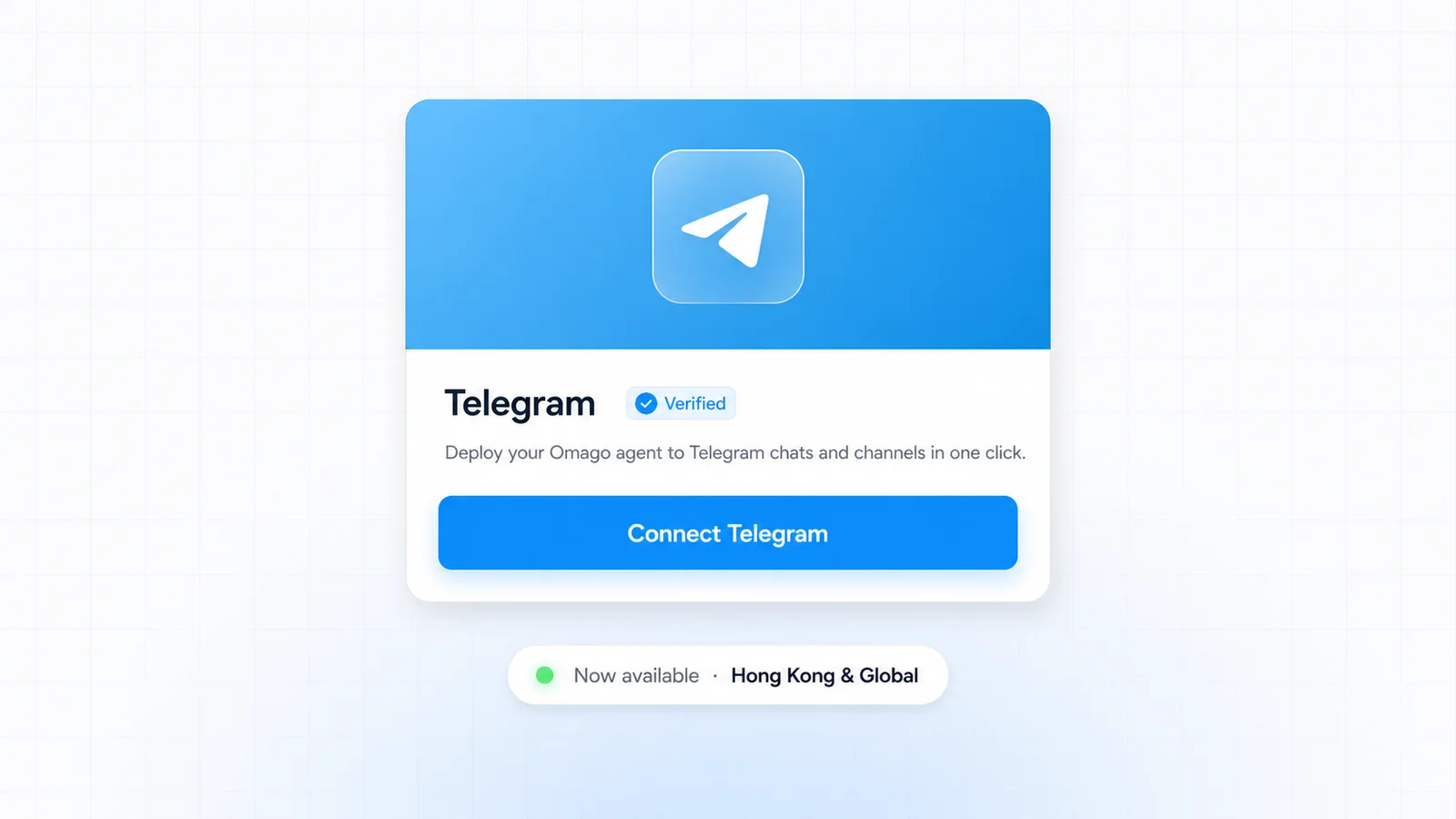 Omago integration card for Telegram with the Telegram logo and a Connect Telegram button, marking the integration as available