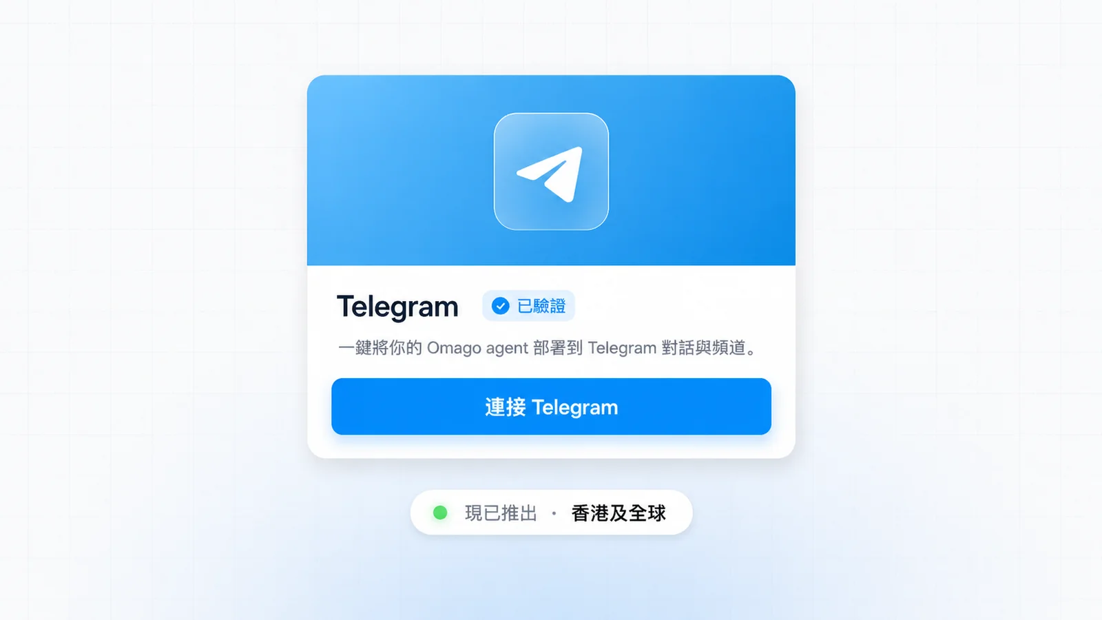 Omago Telegram 整合卡片，顯示 Telegram 標誌同連接 Telegram 按鈕，整合已上線