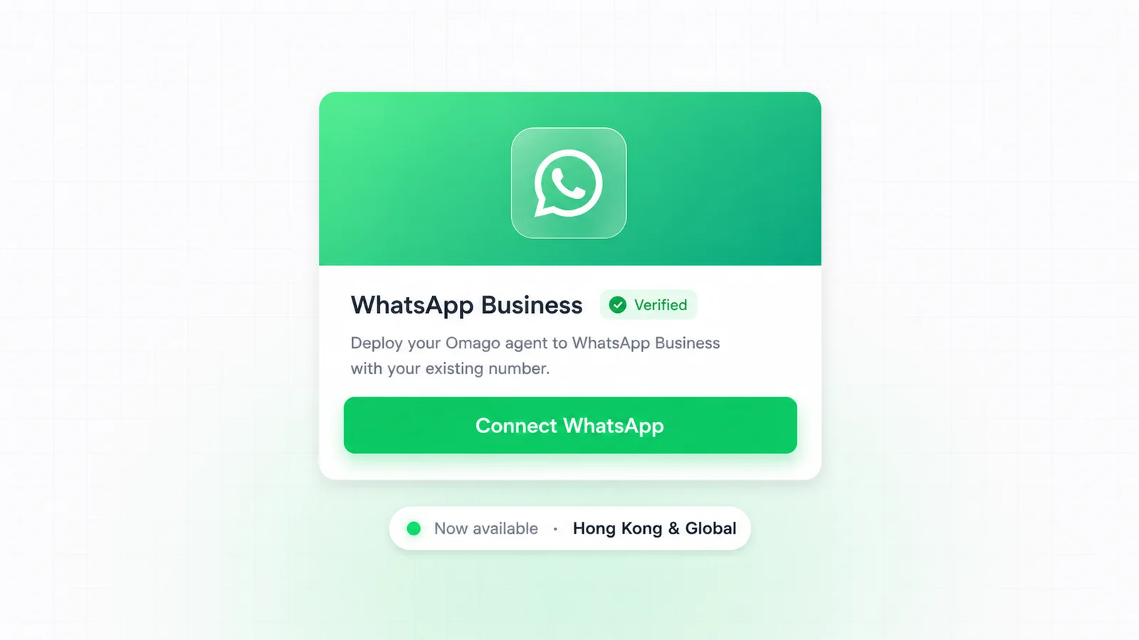 Omago integration card for WhatsApp Business with the WhatsApp logo and a Connect WhatsApp button, marking the integration as available