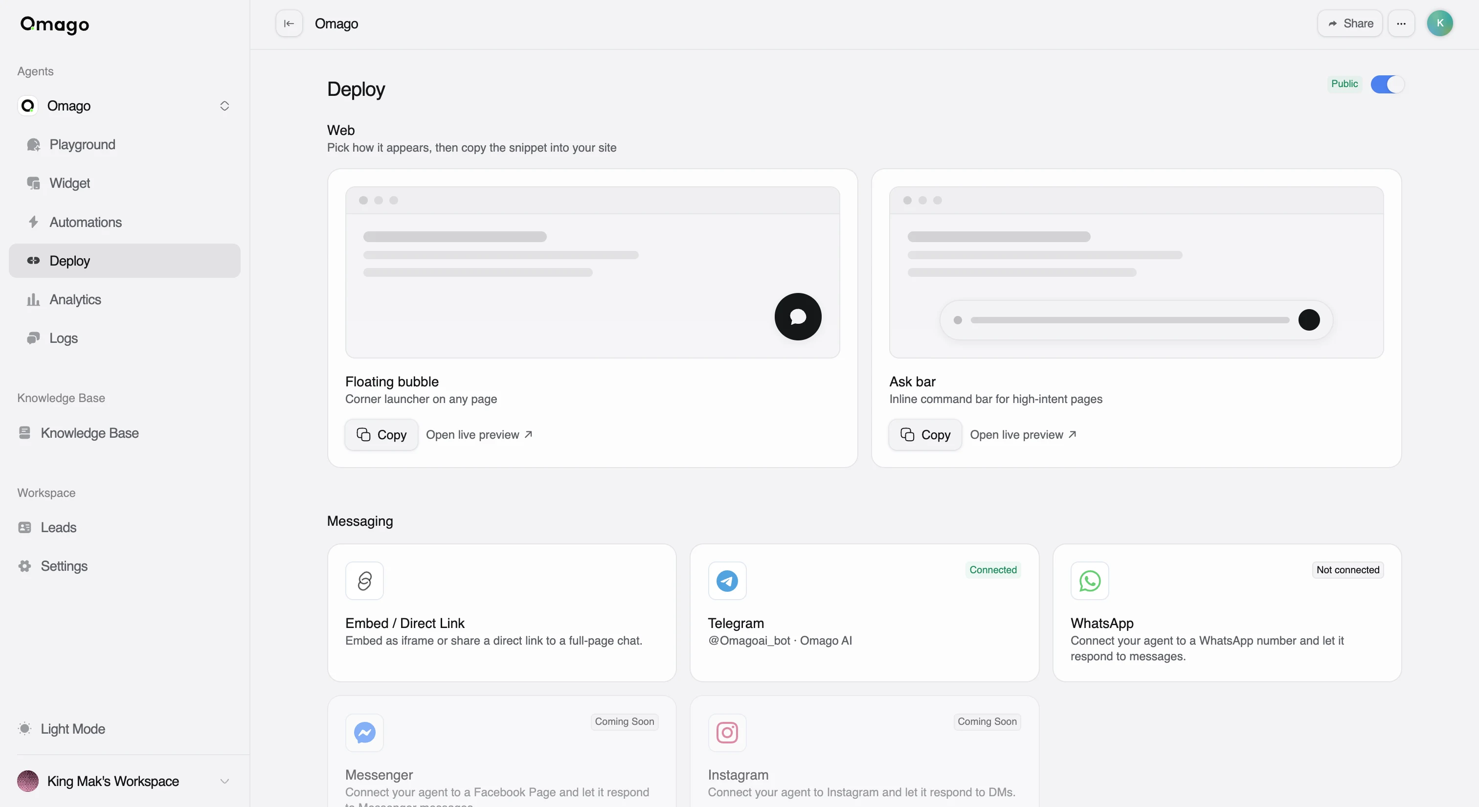 Channels tab with Public toggle and Web deployment options