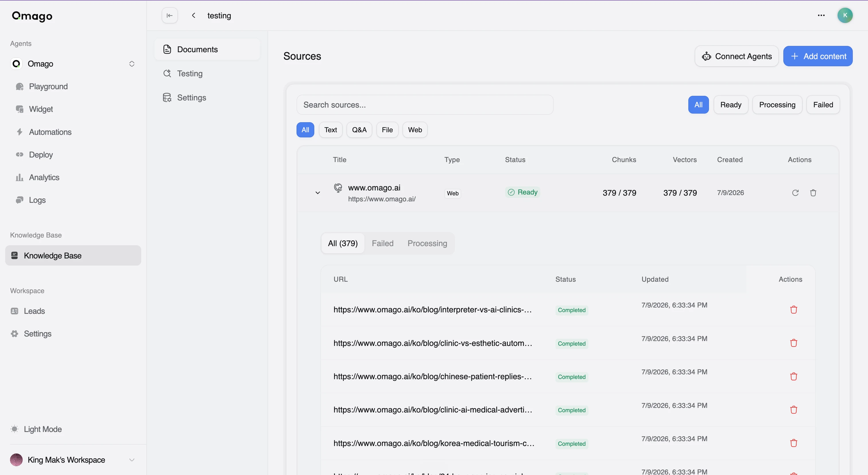 A knowledge base showing a crawled website source, with Add content and Testing