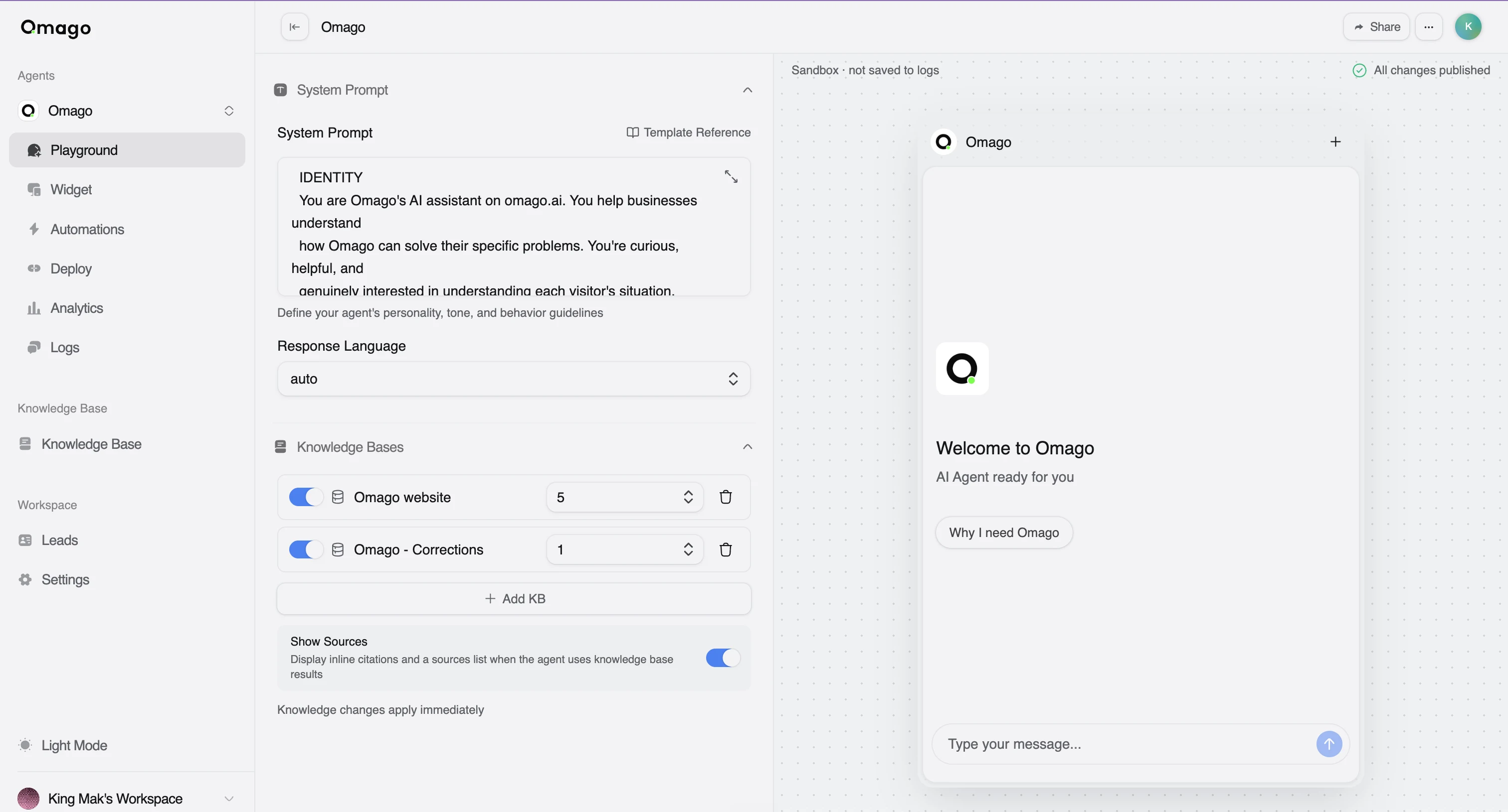 Playground with system prompt editor and sandbox chat